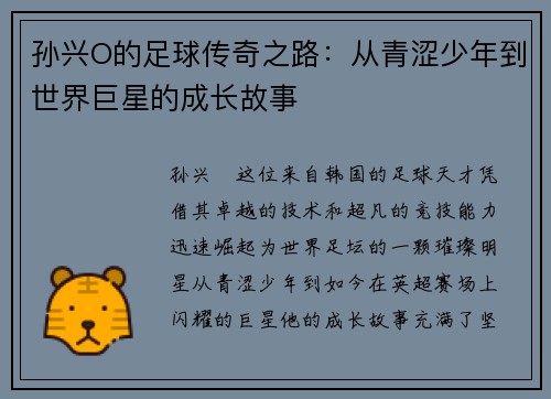 孙兴O的足球传奇之路：从青涩少年到世界巨星的成长故事